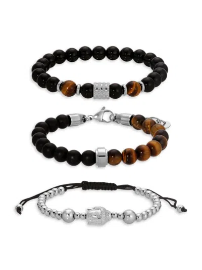 Eye Candy La Men's Liam Cubic Zirconia & Silvertone Beaded Stretch Bracelet Set In Black