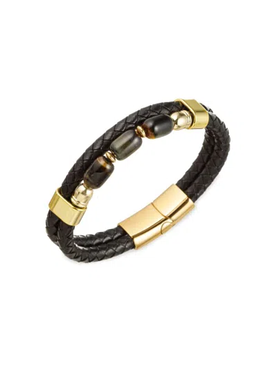 Eye Candy La Men's Premium Titanium, Leather & Tiger Eye Braided Bracelet In Neutral