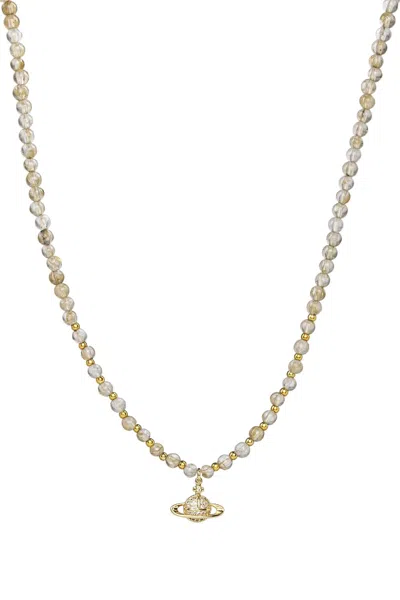 Eye Candy La Quartz Orb Beaded Necklace In Beige