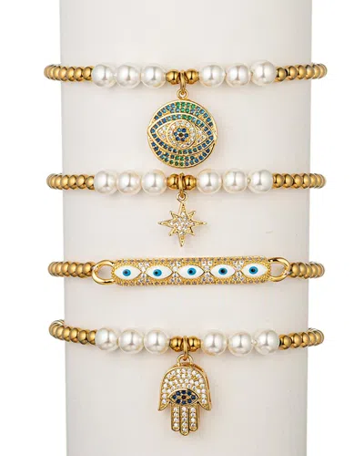 Eye Candy La The Luxe Collection Titanium Pearl Cz Hamsa & Evil Eye 4pc Stretch Bracelet Set