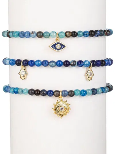 Eye Candy La Women's 3-piece 18k Goldplated Ella Agate Evil Eye Bracelet Set In Brass