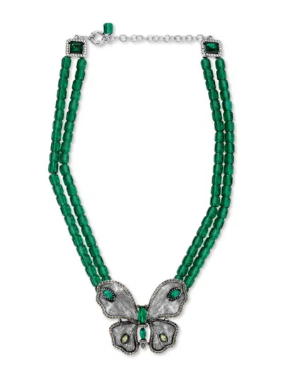 Eye Candy La Women's Azura Silvertone Butterfly Pendant Beaded Necklace