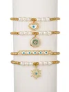 Eye Candy La Women's Jaden Cubic Zirconia, Shell Imitation Pearl & Goldtone Brass 4-piece Stretch Bracelet Set