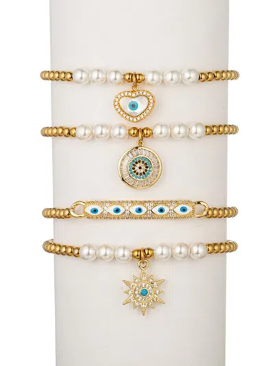 Eye Candy La Women's Jaden Cubic Zirconia, Shell Imitation Pearl & Goldtone Brass 4-piece Stretch Bracelet Set