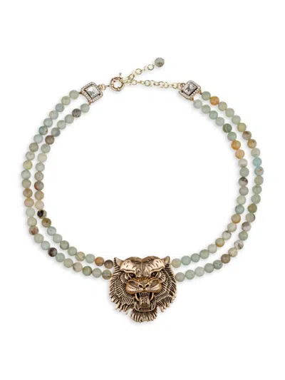 Eye Candy La Women's Luxe Asal Goldtone Amazonite, Agate & Cubic Zirconia Beaded Pendant Necklace In Brass