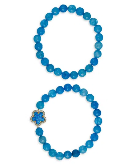 Eye Candy La Women's Luxe Fleur 2-piece Agate & Cubic Zirconia Beaded Bracelet Set In Blue