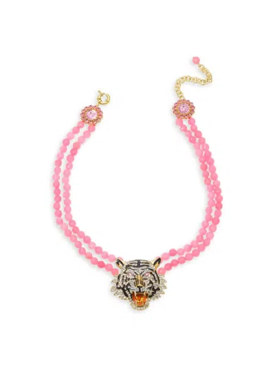 Eye Candy La Women's Luxe Rose Quartz & Glass Crystal Tiger Pendant Necklace