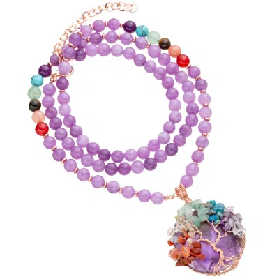 Eye Candy La Agate Tree Of Life Pendant Necklace In Pink/purple