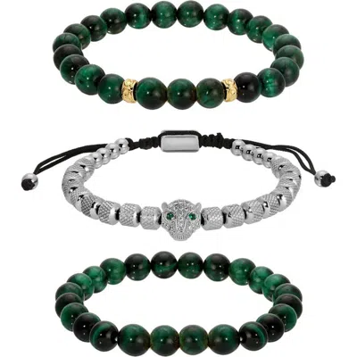 Eye Candy Los Angeles 3-pack Leopard Green Tigers' Eye Bracelets In Silver