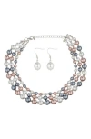 Eye Candy Los Angeles 3-tier Faux Pearl Collar Necklace & Drop Earrings In Silver
