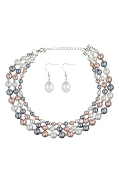 Eye Candy Los Angeles 3-tier Faux Pearl Collar Necklace & Drop Earrings In Multi