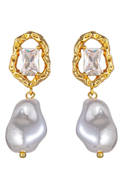 Eye Candy Los Angeles Alice Cz & Glass Pearl Drop Earrings In Gold