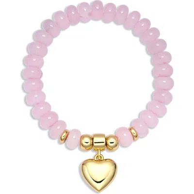 Eye Candy Los Angeles Amara Rose Quartz Heart Charm Stretch Bracelet In Gold