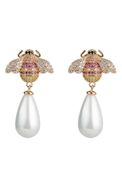 Eye Candy Los Angeles Angelina Cz Pavé Imitation Pearl Drop Earrings In Gold