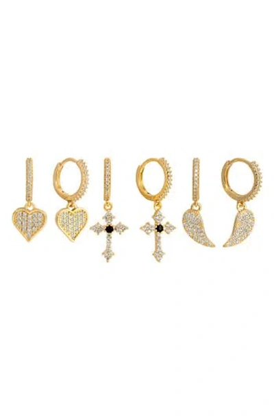 Eye Candy Los Angeles Audrey Set Of 3 Cubic Zirconia Drop Huggie Hoop Earrings In Gold