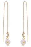 Eye Candy Los Angeles Celestial Moon Cz & Glass Pearl Drop Threader Earrings In Gold
