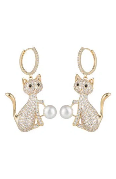 Eye Candy Los Angeles Cubic Zirconia & Faux Pearl Cat Drop Earrings In Gold