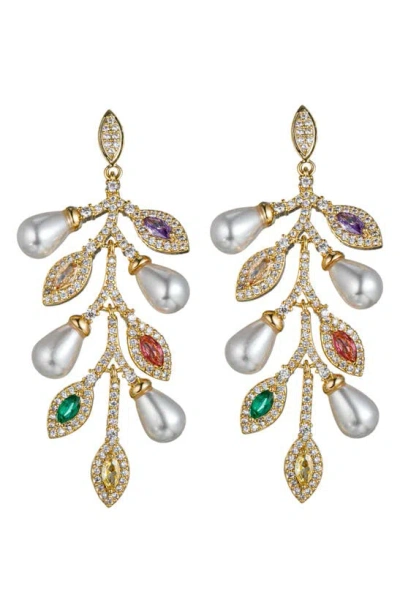 Eye Candy Los Angeles Cubic Zirconia & Imitation Pearl Leaf Drop Earrings In Gold