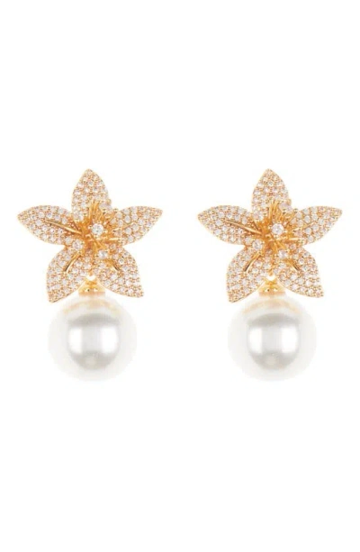Eye Candy Los Angeles Cz Pavé Flower & Imitation Pearl Earrings In Gold