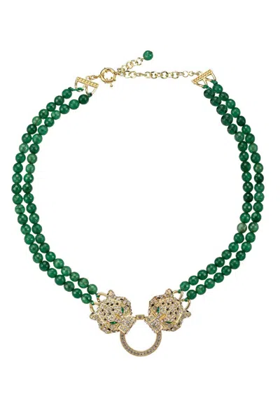 Eye Candy Los Angeles Double Leopard Natural Stone Necklace In Green