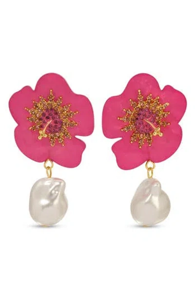 Eye Candy Los Angeles Flower Faux Pearl Drop Earrings In Purple