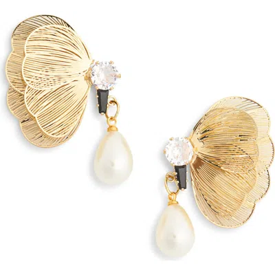 Eye Candy Los Angeles Frances Butterfly Faux Pearl Drop Earrings In Gold