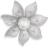 Eye Candy Los Angeles Harmony Cz & Faux Pearl Flower Brooch In Silver