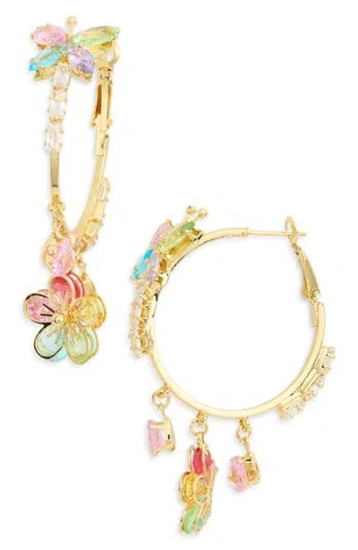 Eye Candy Los Angeles Karmen Flower Dangle Hoop Earrings In Gold/pink Multi