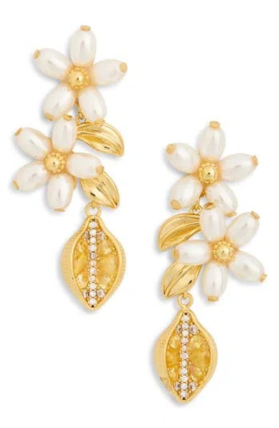 Eye Candy Los Angeles Kleo Faux Pearl Flower Drop Earrings In Gold