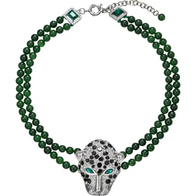 Eye Candy Los Angeles Leopard Agate Beaded Necklace In Green