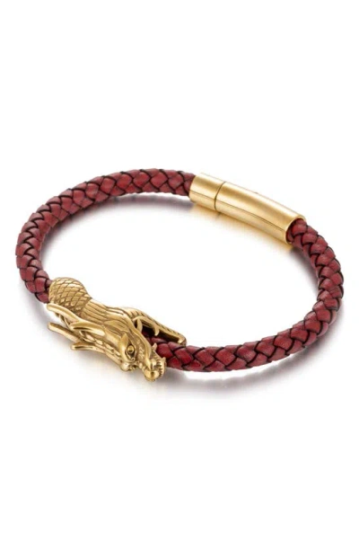 Eye Candy Los Angeles Lionel Dragon Braided Leather Bracelet In Gold/ Burgundy