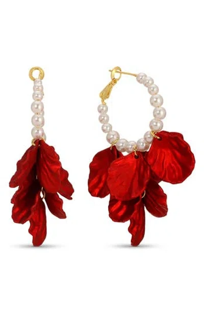 Eye Candy Los Angeles Marguerite Rose Petal Faux Pearl Drop Hoop Earrings In Red
