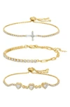 Eye Candy Los Angeles Mary Cz 3-pack Assorted Bracelets In Gold