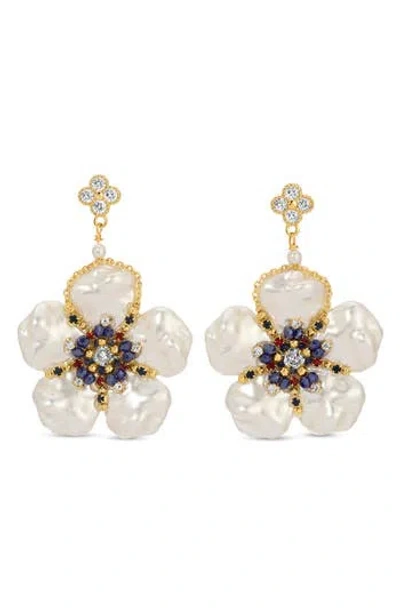 Eye Candy Los Angeles Meghan Cubic Zirconia Pearlescent Flower Drop Earrings In Gold