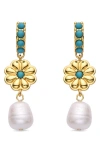Eye Candy Los Angeles Myla Crystal & Imitation Pearl Drop Huggie Hoop Earrings In Gold