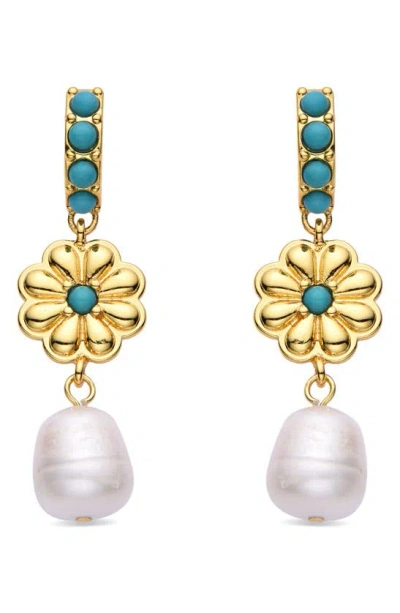 Eye Candy Los Angeles Myla Crystal & Imitation Pearl Drop Huggie Hoop Earrings In Gold