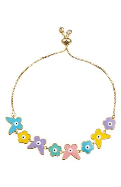 Eye Candy Los Angeles Pastel Butterfly & Flower Evil Eye Slider Bracelet In Gold