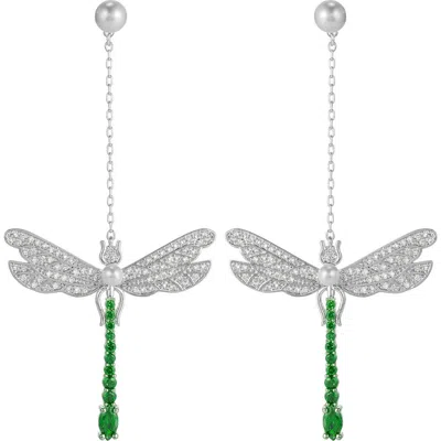 Eye Candy Los Angeles Pavé Cubic Zirconia & Faux Pearl Dragonfly Drop Earrings In Silver