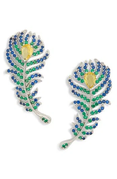 Eye Candy Los Angeles Renata Peacock Feather Drop Earrings In Silver