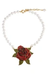 Eye Candy Los Angeles Rosy Crystal Floral & Imitation Pearl Necklace In White/red