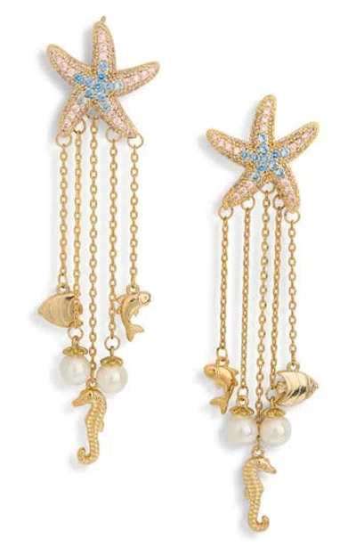 Eye Candy Los Angeles Samara Cubic Zirconia Starfish & Faux Pearl Drop Earrings In Gold