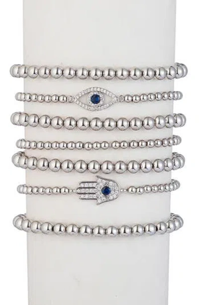 Eye Candy Los Angeles Sanaz Evil Eye & Hamsa Beaded Stretch Bracelet Set In Silver
