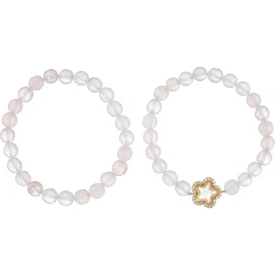 Eye Candy Los Angeles Set Of 2 Fleur Rose Quartz Stretch Beaded Bracelets In Metallic