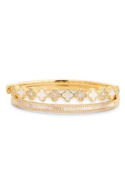 Eye Candy Los Angeles Set Of 2 Kora Cubic Zirconia Clover Cuff Bracelets In Gold