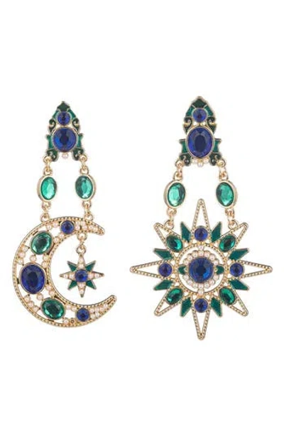 Eye Candy Los Angeles Star & Moon Crystal Drop Earrings In Green