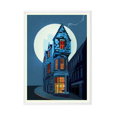 Eye For London Prints Snowfall At The Corner Cafe Art Print In Blue/brown/gray/white