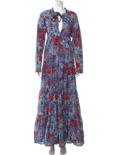 Pre-owned Eywasouls Malibu Floral Print Long Dress W/ Tags In Blue