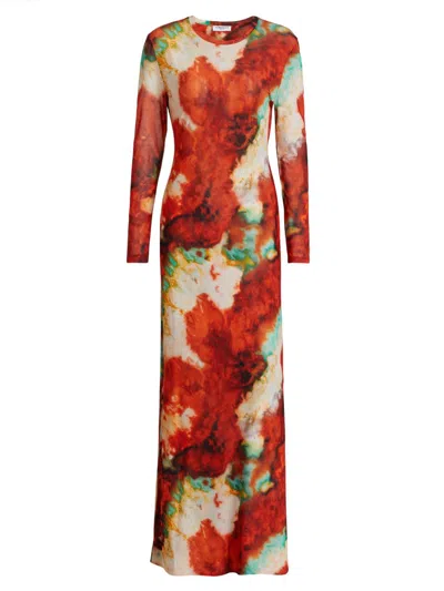 Eywasouls Malibu Women's Scarlet Printed Long-sleeve Mesh Maxi Dress In Red