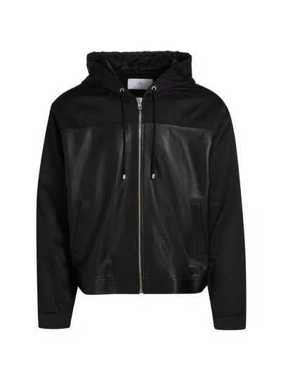 Ezr Men's Mixed-media Leather Zip-front Hoodie In Black