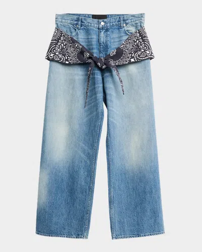 Ezr Men's Straight Baggy-fit Bandana Tie Jeans In Blue